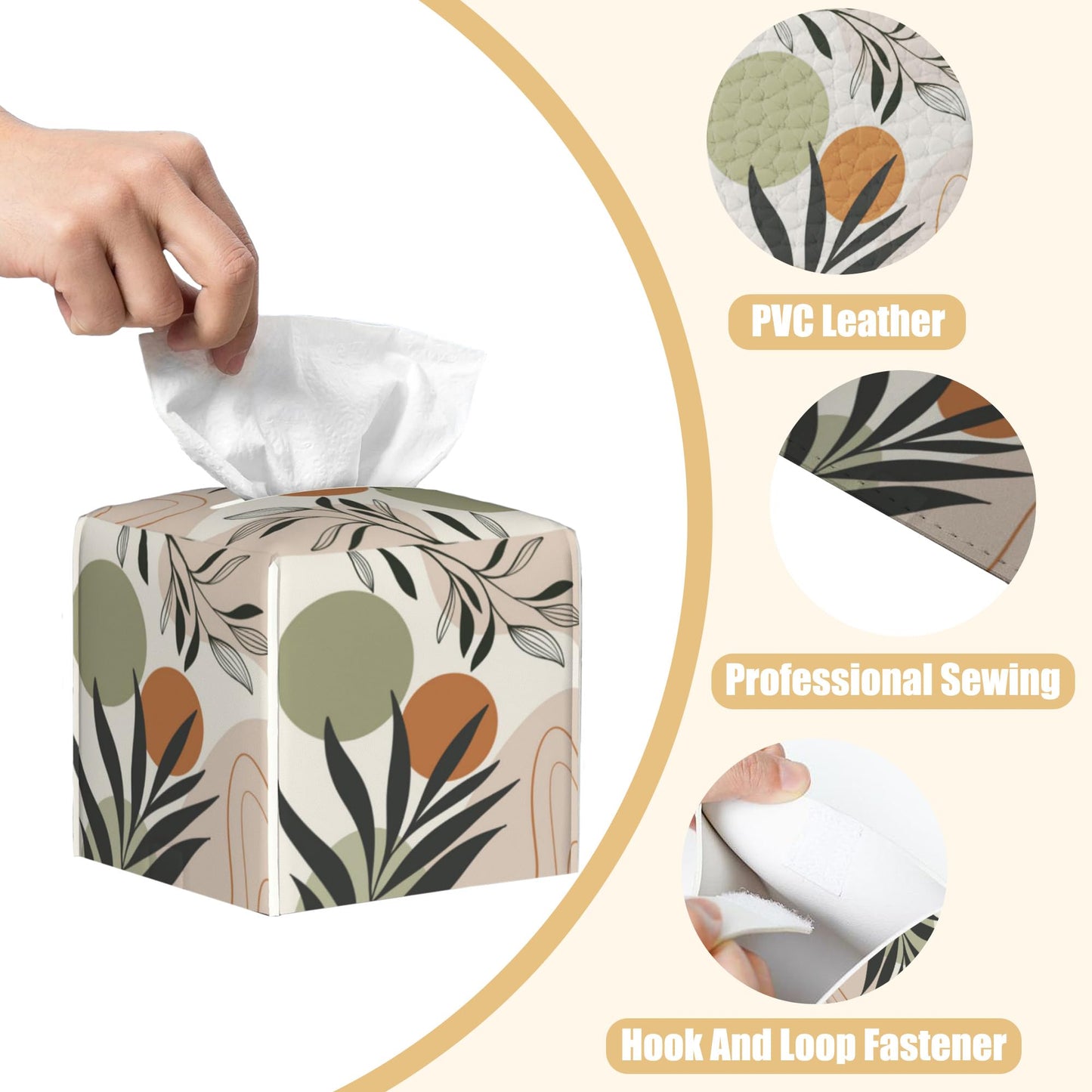 BLYKVGHQ Boho Geometric Art Square Tissue Box Cover Abstract Leaves Tissue Box Holder Facial Cube Paper Dispenser Leather Decorative Organizer Home Office Desk Decor, 5.2"x5.2"x5.2"
