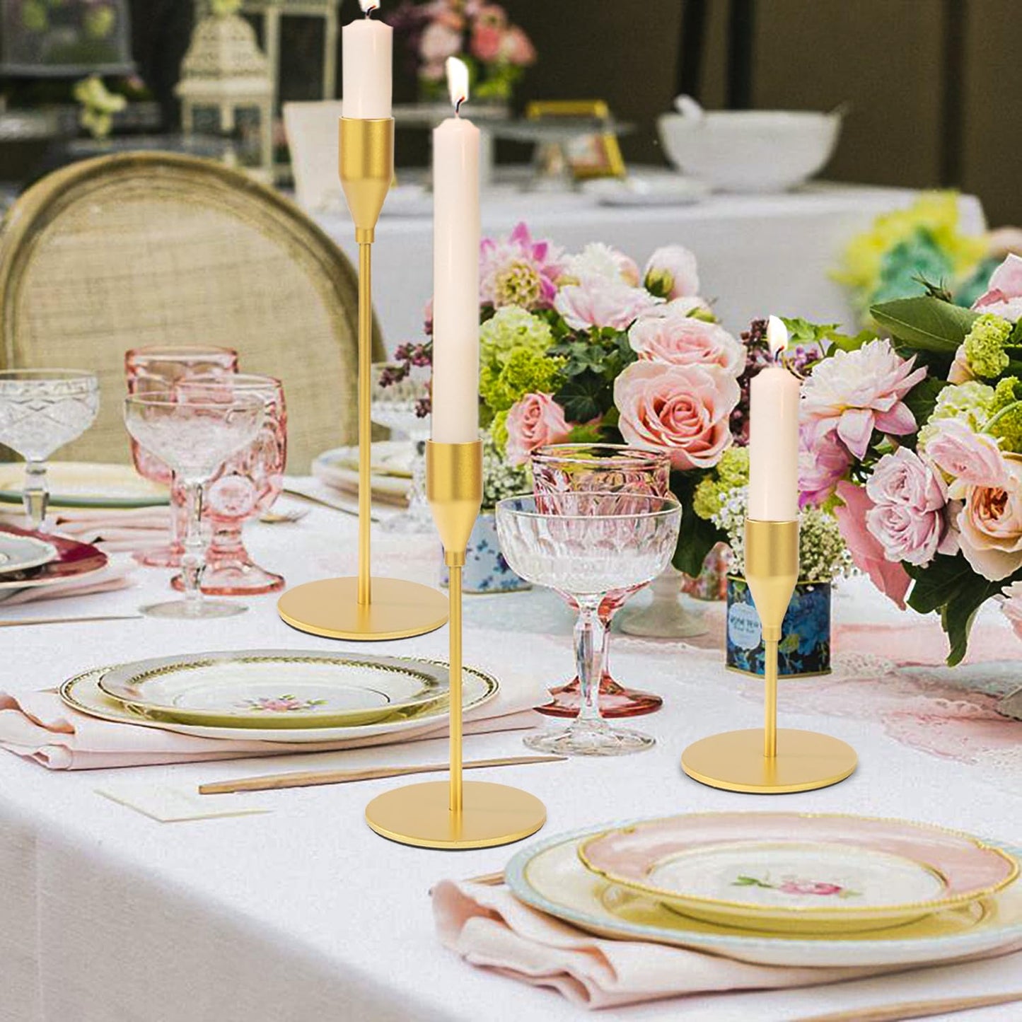 Matte Gold Candle Holders Bulk Painted Gold Metal Candlesticks Fit 0.8 Inch Taper Candles Decorative Metal Candelabra for Wedding Home Holiday Anniversary Party Dinning Table Decors (Set of 24)