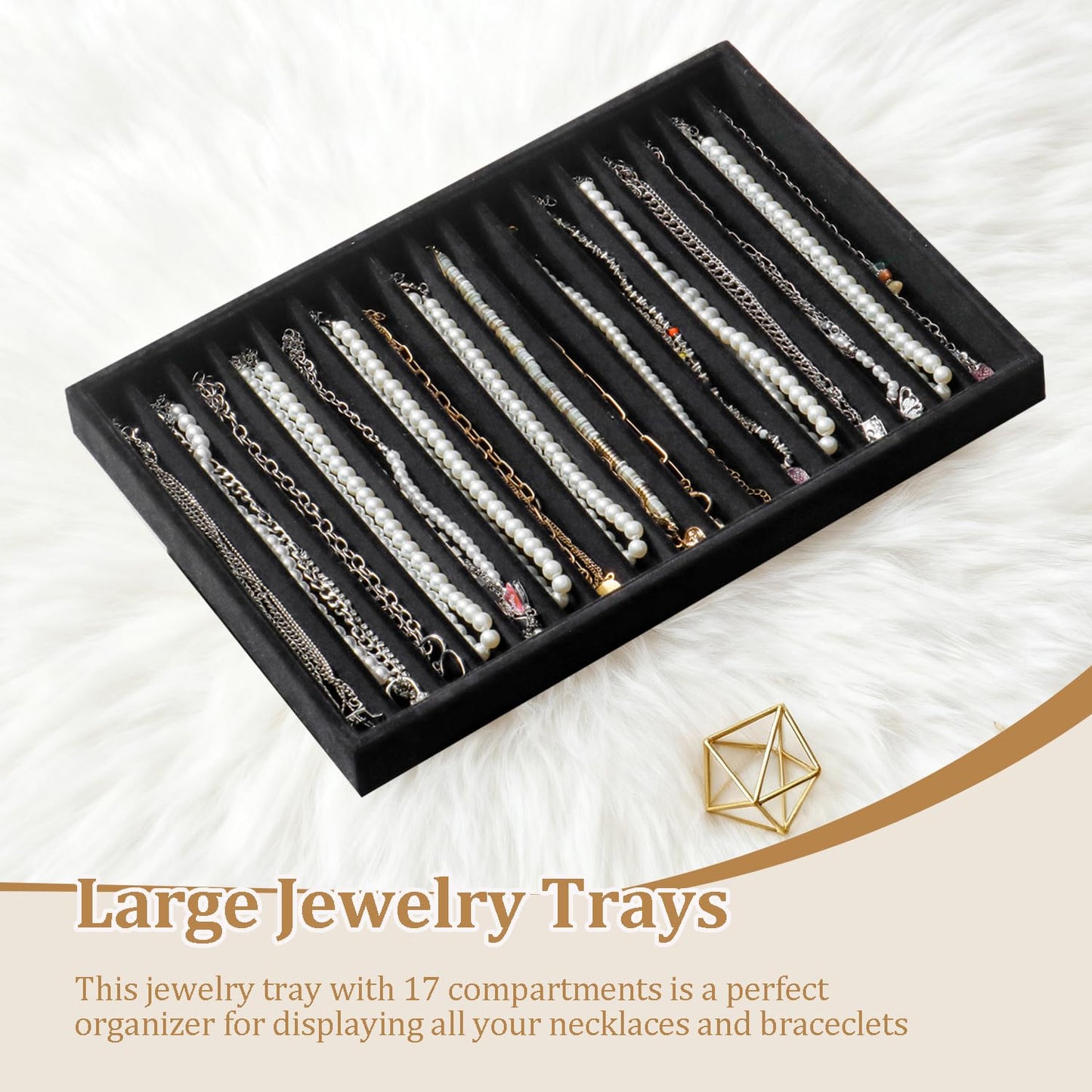 KATISYIO Large Jewelry Organizer for Drawer Insert Velvet Stackable Jewelry Trays for Earring Necklace Bracelet Ring Display (Black, 16 Grids)