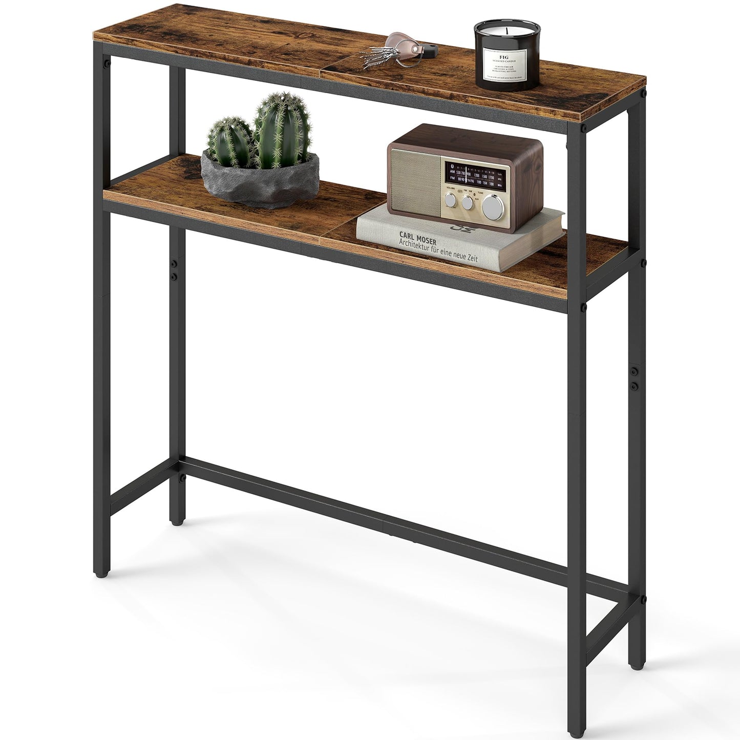 VASAGLE Console Table, 2-Tier Narrow Sofa Table with 2 Shelves, 7.9 x 31.5 x 31.5 Inches, for Living Room, Hallway, Entryway, Rustic Brown and Ink Black ULNT130K01V1