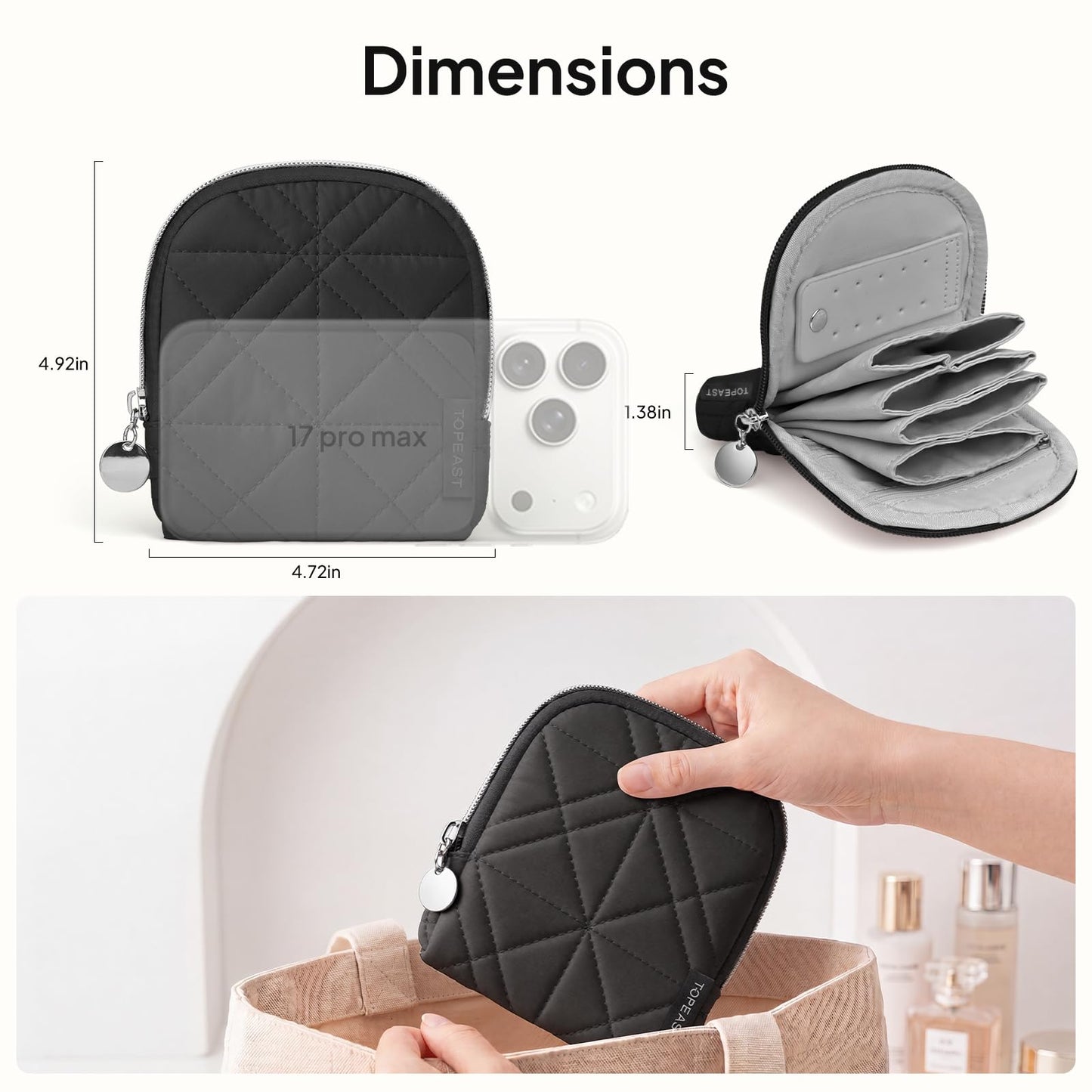 TOPEAST Quilted Travel Jewelry Case for Women, Puffer Jewelry Organizer with Zipper, Portable Small Jewelry Pounch Storage Bag for Rings Earrings Necklaces, Travel Essentials Gift for Women, Black