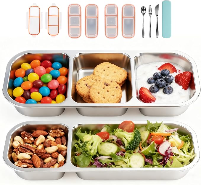 Lewrwet 4 Pack Stainless Steel Snack Containers with Lids, Leak-Resistant Lunch Boxes Set with Cutlery – 2 x 2-Compartment & 2 x 3-Compartment, Reusable for Snacks, Lunch, Picnic & Hiking