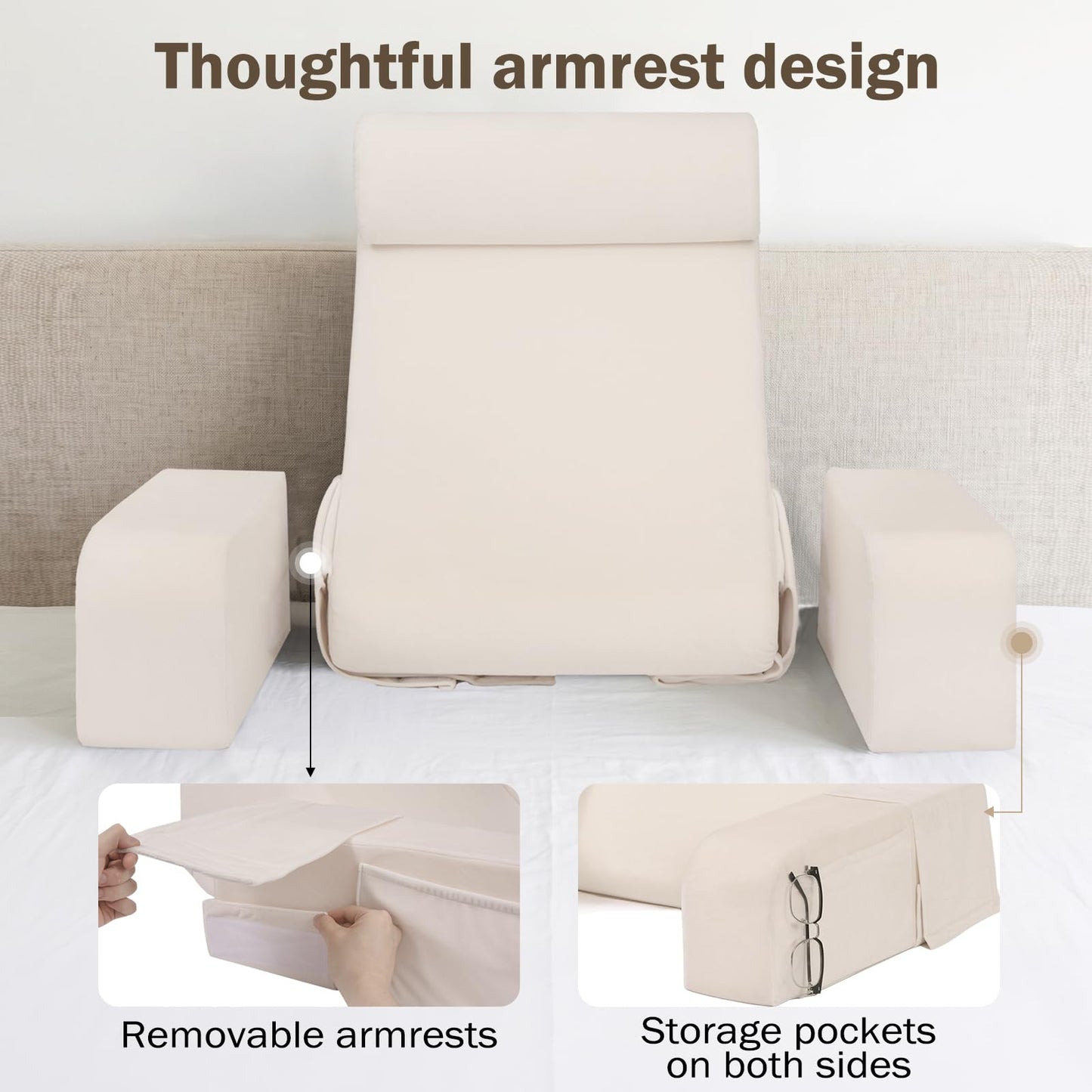 ENITYA 19" Back Pillow for Bed Sitting up, Big Pockets and Washable Removable Cover, Reading Chair for Watching TV/Reading/Gaming/Resting in Bed, Couch or Floor, Medium(Ivory)