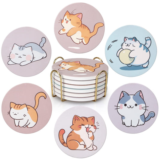 Cute Coaster Set of 6 Cat Lover Gift for Coffee Table Ceramic Coasters with Holder Drink Coaster Unique Cat Themed Gifts Kawaii Anime Decor Office Desk Beverage Coster Funny Cool Bar Cup Coasters