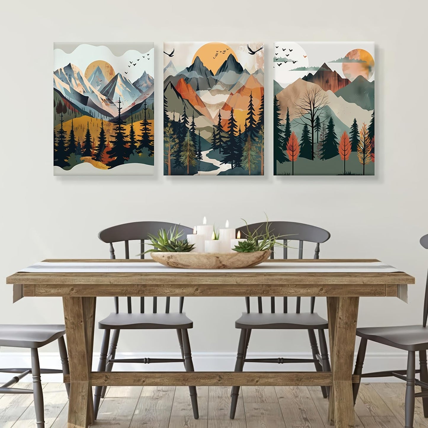Framed Boho Landscape Wall Art Set of- 3 Canvas Print, Abstract Nature Pictures, Forest and Sunset,Posters Modern Minimalist Paintings for Living Room, Bedroom Office Ready to Hang12x16Inch