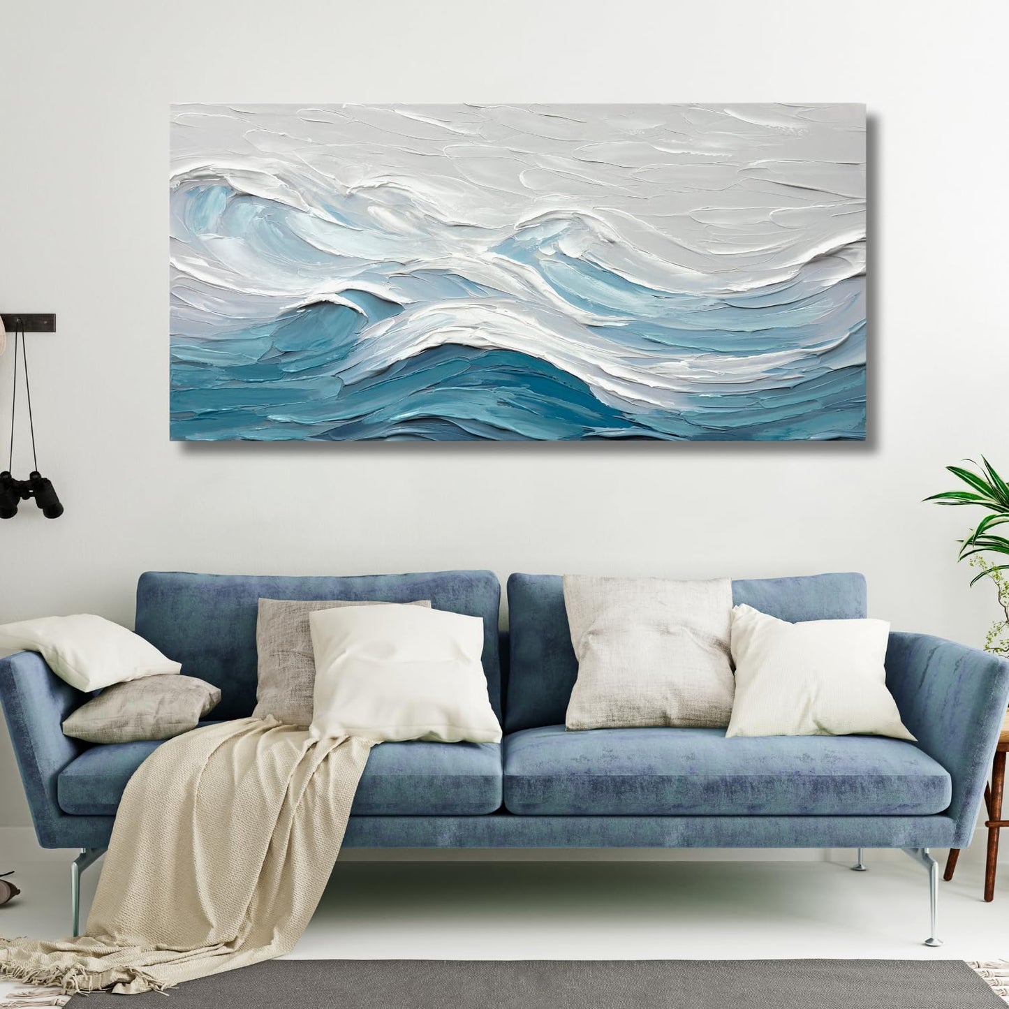 TRAIN2 ART Abstract Wall Art for Living Room Blue and White Ocean Paintings Wall Decor Modern 3D Textured Canvas Wall Art Large Artwork for Living Room Bedroom Office 20"x40"