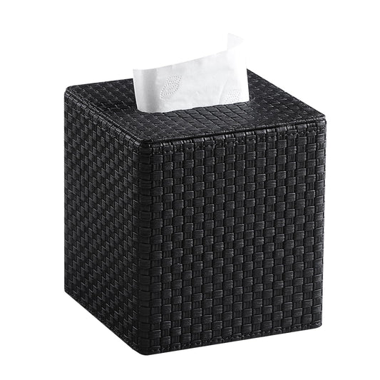Square Tissue Box Cover, Stylish Leather Tissue Box Holder with Magnetic Bottom, Used As A Decorative Tissue Holder for Living Rooms, Bedrooms, and Desks(Black Woven Pattern)