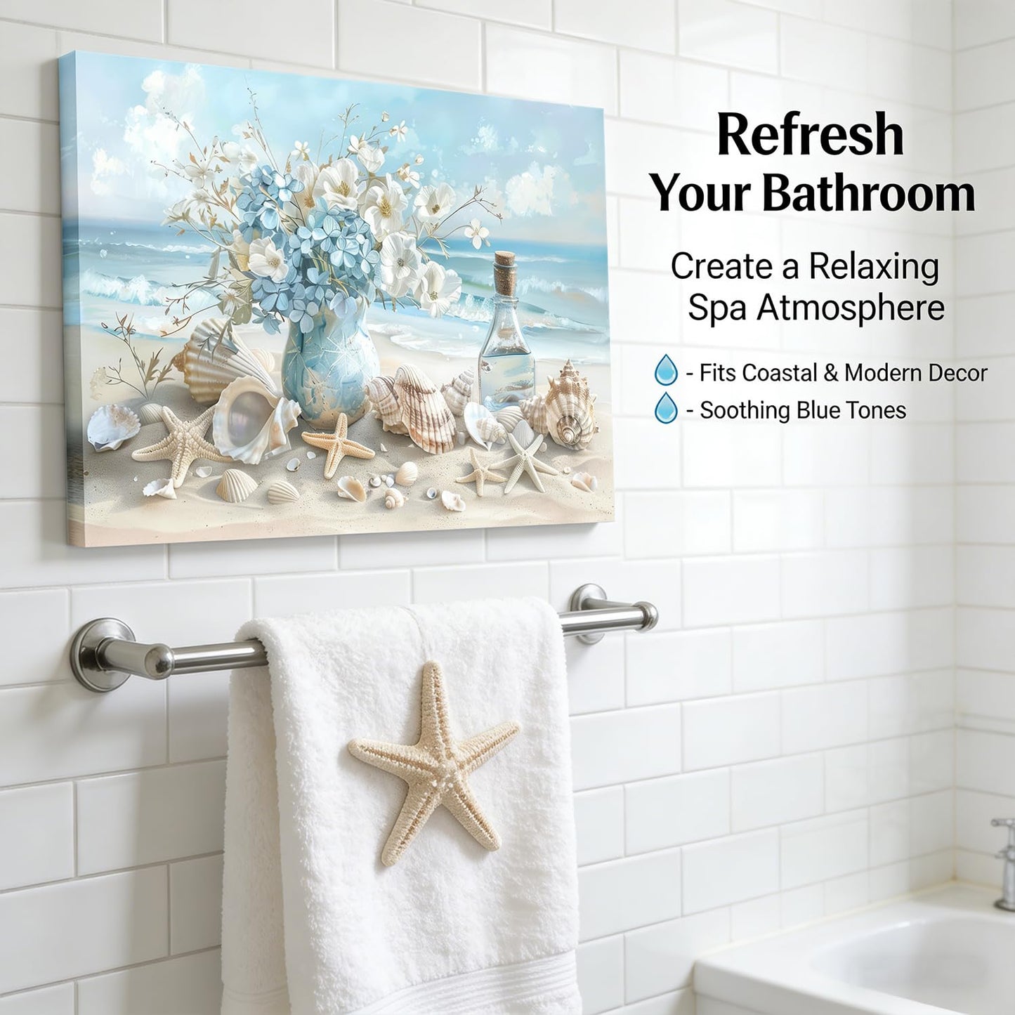Blue Ocean Beach Bathroom Canvas Wall Art Seaside Seashell Painting Picture Wall Decor Starfish with White Flower Coastal Poster Print Artwork for Living Room Bedroom Bathroom Decor 12x16 in Canvas