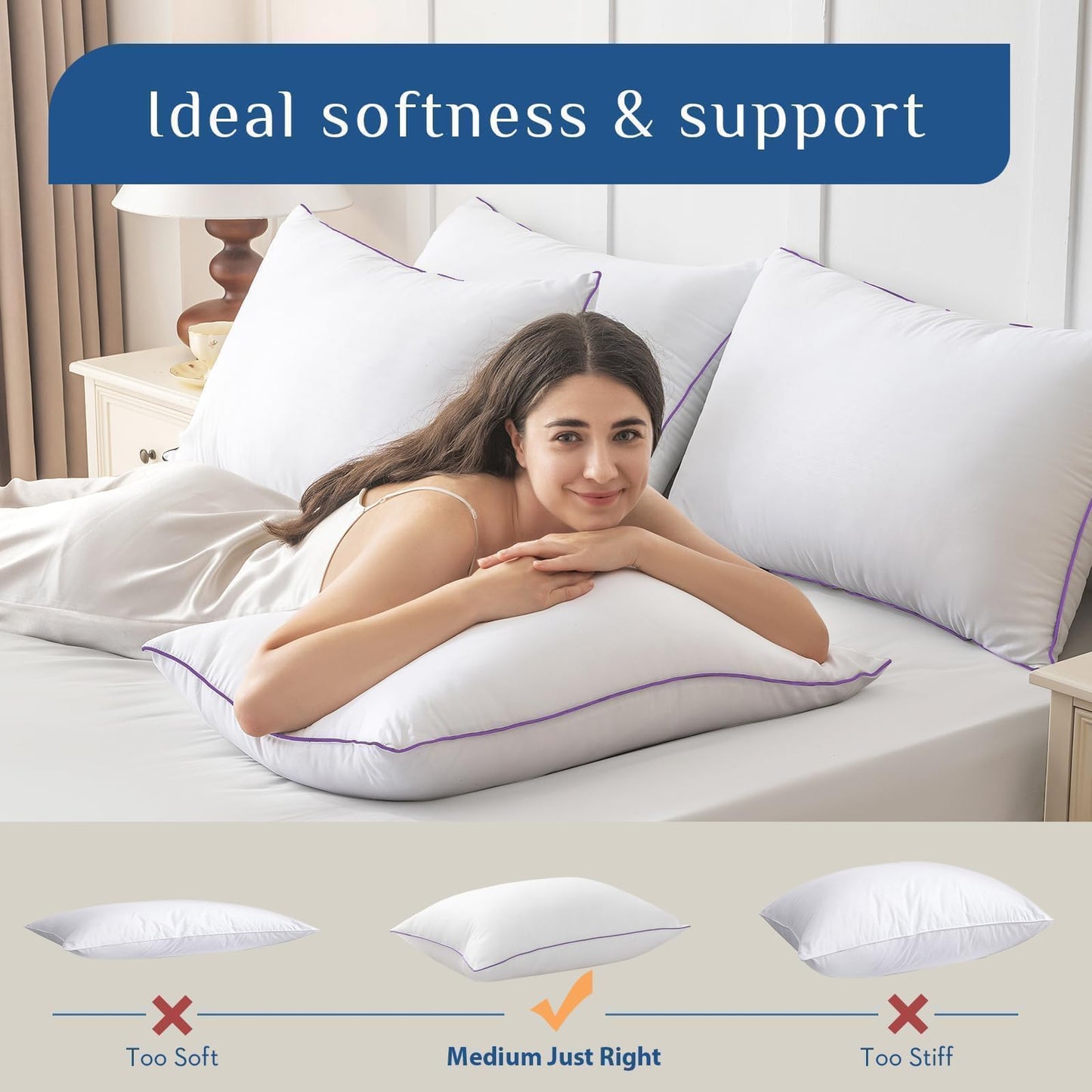 JOLLYVOGUE Firm Pillows Queen Size Set of 2, Supportive Bed Pillows with Oeko-Tex Certified Down Alternative Fill, Fluffy Hotel Quality for Back, Stomach and Side Sleepers