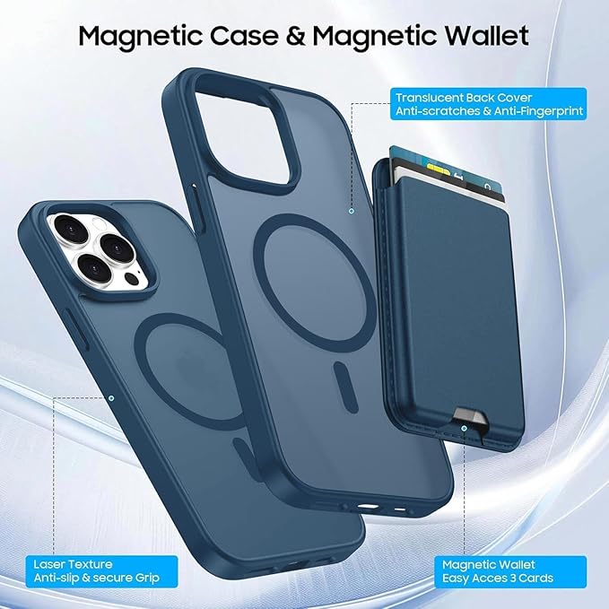Ntwinro Magnetic for iPhone 15 Pro Case (Compatible with MagSafe) with Detachable Wallet & Card Holder for 3 Cards [RFID Blocking] Military Grade Protective Slim Phone Cover, Deep Blue