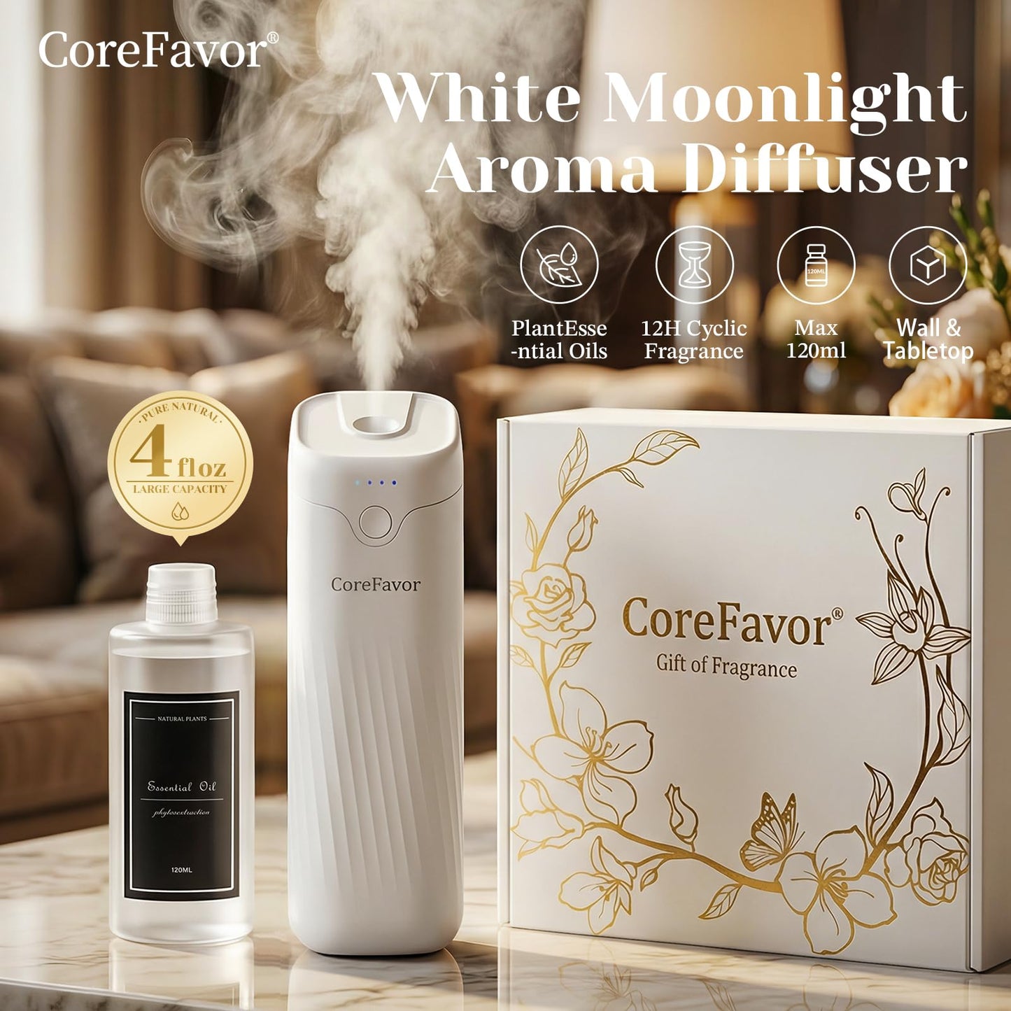 CoreFavor Waterless Essential Oil Diffuser (M60) with 3x120ml Oil, Rechargeable Portable Battery-Operated Cold Air Aroma Scent Machine, 4 Adjustable Intensity Levels, Quiet Diffuser for Home Car