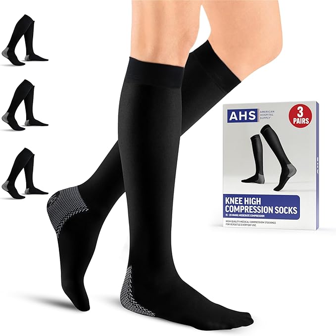 American Hospital Supply – Knee High Compression Socks – 15–20 mmHg, Black, X-Large – Lightweight Medical Stockings – Pack of 3 Pairs