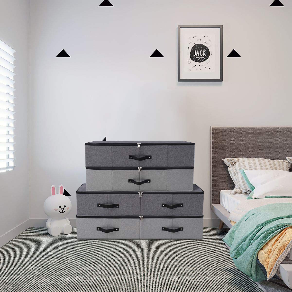 Omygarden Under Bed Storage Bins with Lids, Closet Organizers, Foldable Under-bed Storage Baskets for Sheets, Clothes, Quilts, Sweaters, Wrapping Paper, 35x16.5x7inch, Black Gray, 2PCS
