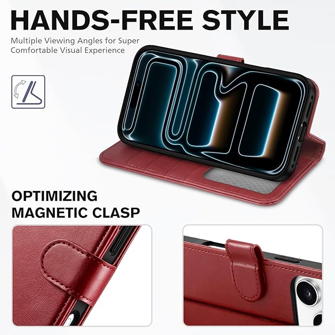 TUCCH Case Wallet for iPhone 17 Pro Max (6.9-Inch) 2025, Wrist Strap | Stand | RFID Blocking | 4 Card Holders | TPU Shockproof Inner Shell | PU Leather | Magnetic Folio Cover | Dark Red