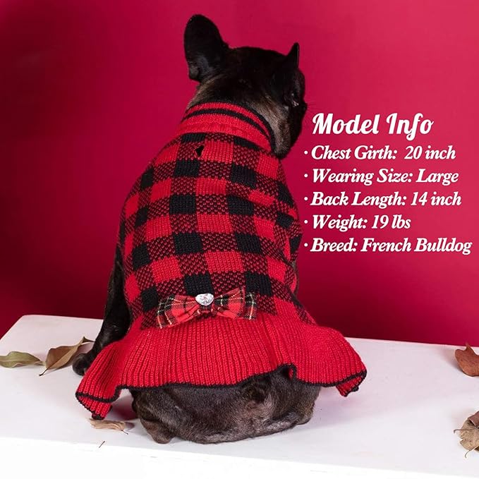 KYEESE Dog Christmas Sweater Dress with Bowtie Checkered, Turtleneck Dog Sweater for Small Dogs Girl with Leash Hole, Holiday Warm Pet Sweaters Dress, Red, Large