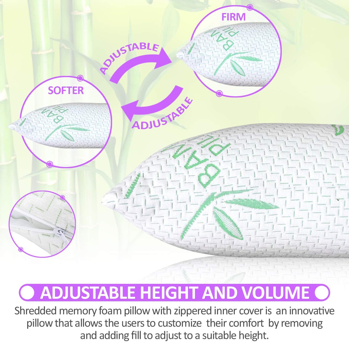 King Size Rayon Derived from Bamboo Pillow for Sleeping, Cooling Shredded Memory Foam Bed Pillows Set – Back, Stomach, Side Sleeper, Removable Cover, Adjustable Firmness, King (Pack of 1)