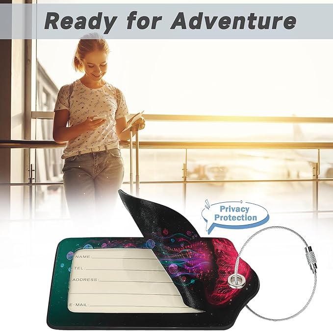 2 Pack Luggage Tag for Suitcase, Abstract Neon Jellyfish Leather Bag Tags Identifiers Privacy Cover ID Label with Durable Steel Loop for Women Men Kids Girls Travel