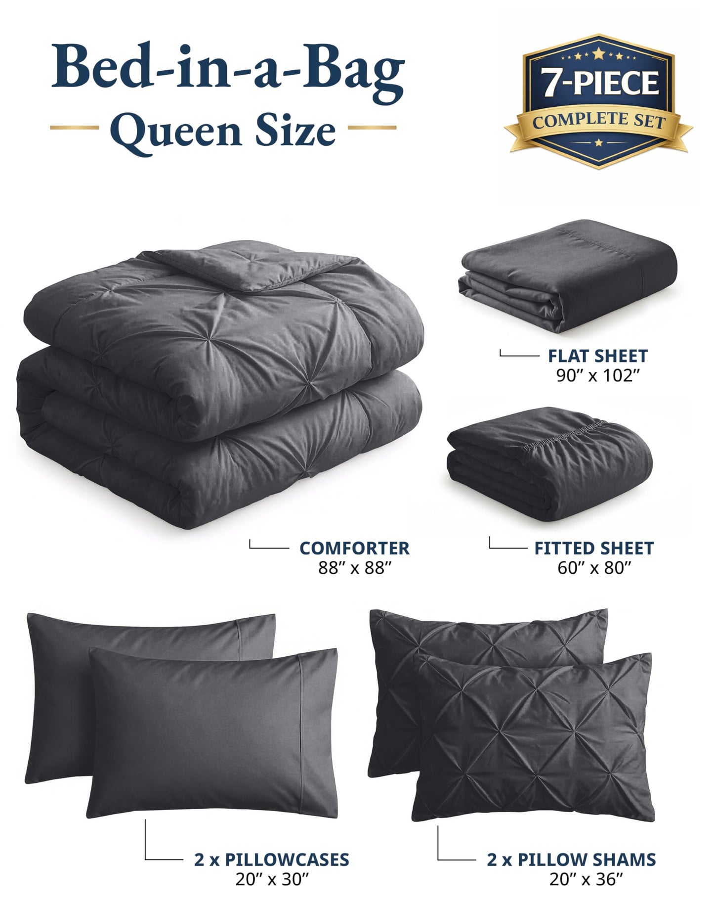 LANE LINEN Queen Comforter Set - 7 Pc Bed in a Bag, Ultra Smooth Microfiber All Season - Queen Comforter Set with Sheets, Pillowcases & Shams - Very Soft Bedding for Daily Sleep - Grey
