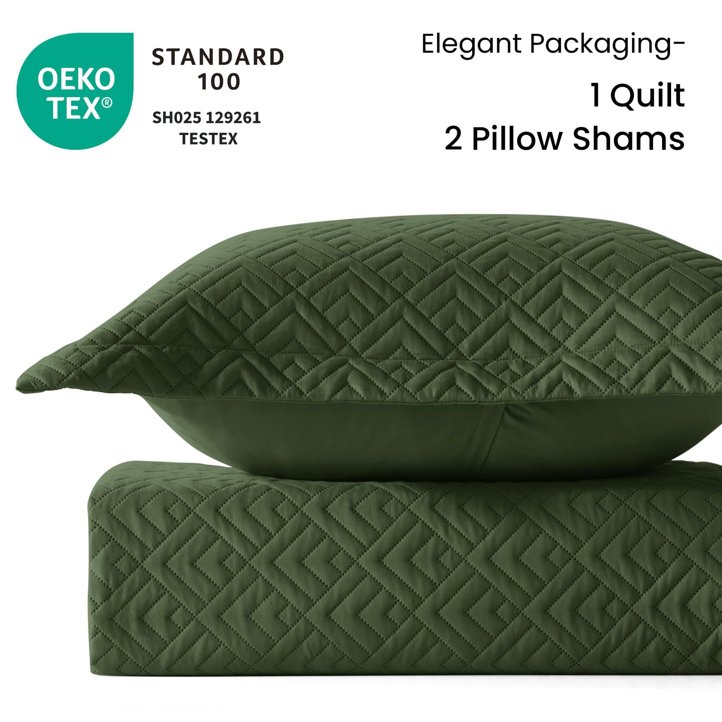 EXQ Home Quilt Set Full Quilts Queen Size Olive Green 3 Piece,Lightweight Soft Coverlet Modern Style Squares Pattern Bedspread Set(1 Quilt,2 Pillow Shams)