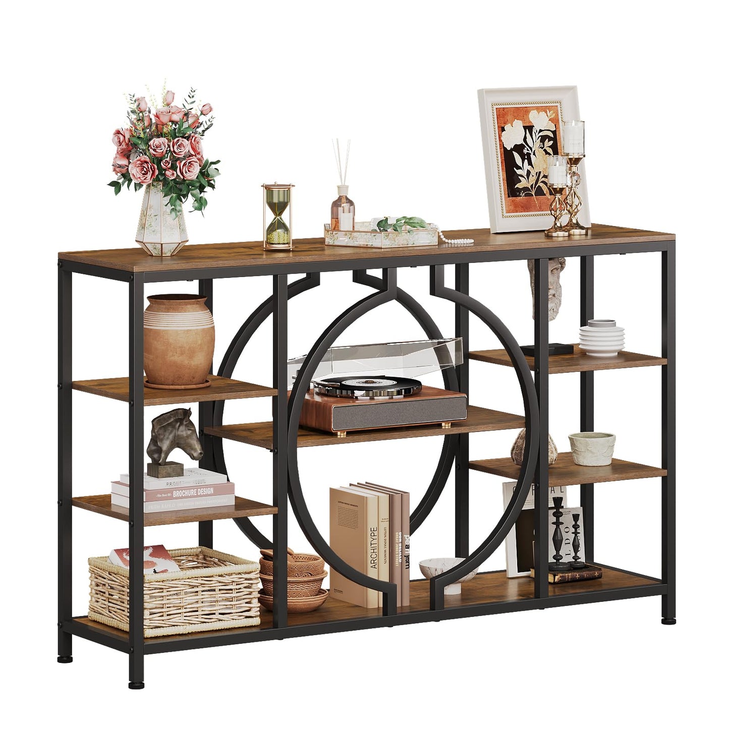 GiftGo 47" Industrial Console Tables for Entryway Rustic Sofa Table Behind Couch 4 Tier Wooden Shelves Entry Table with Storage for Foyer, Hallway, Front Door,Living Room (Rustic Brown, 47")