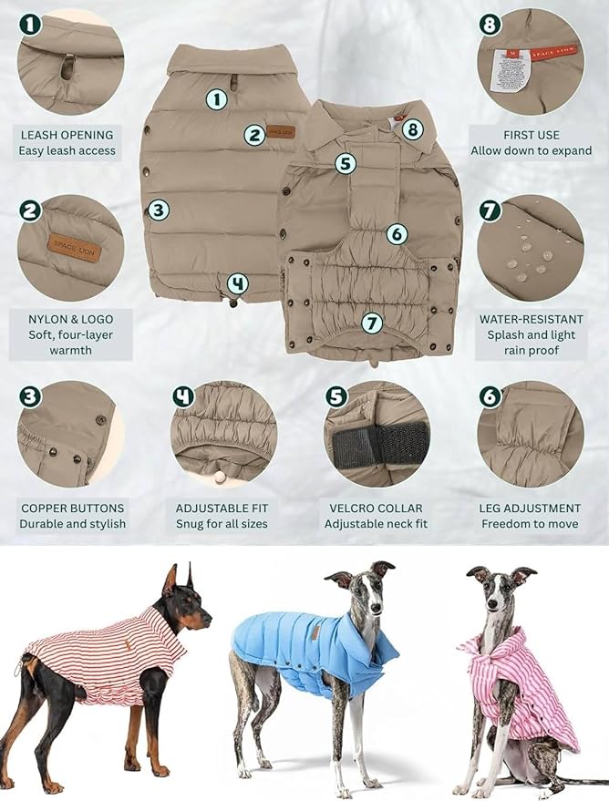 SPACE LION Dog Puffer Jacket, Down Winter Coat, Durable Outdoor Coat for Cold and Windy Conditions, Lightweight & Adjustable Fit Coats for Small Dogs, (Camel, Size 10 Gift Box)
