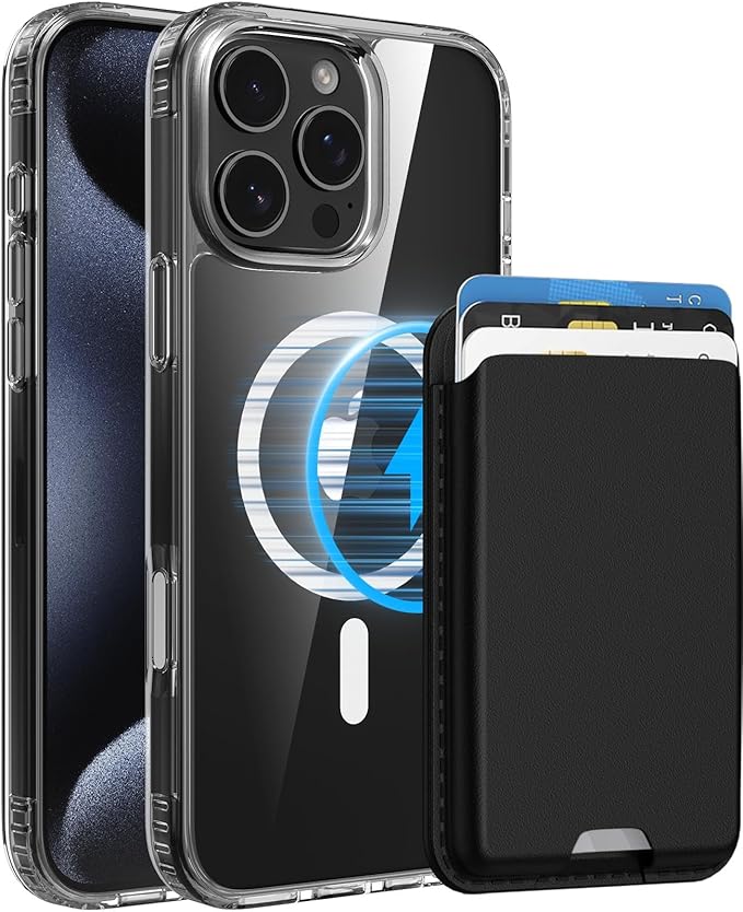 Ntwinro Magnetic for iPhone 16 Pro Clear Case (Compatible with MagSafe) with Black Detachable Wallet & Card Holder for 3 Cards [RFID Blocking] Military Grade Protective Slim Phone Cover