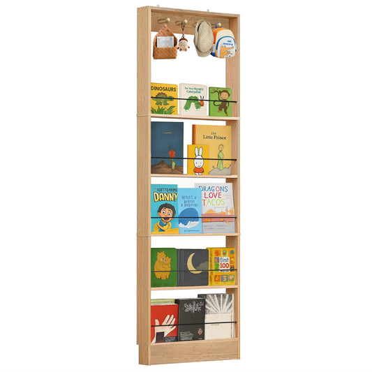 FerniTry Behind The Door Bookshelf Kids,Wooden Behind Door Bookshelf, 5-Tier Bookcase Book Shelf Space-Saving Organizer Storage for Toys and Story Books Wall Mount Shelves with Hooks(Oak)