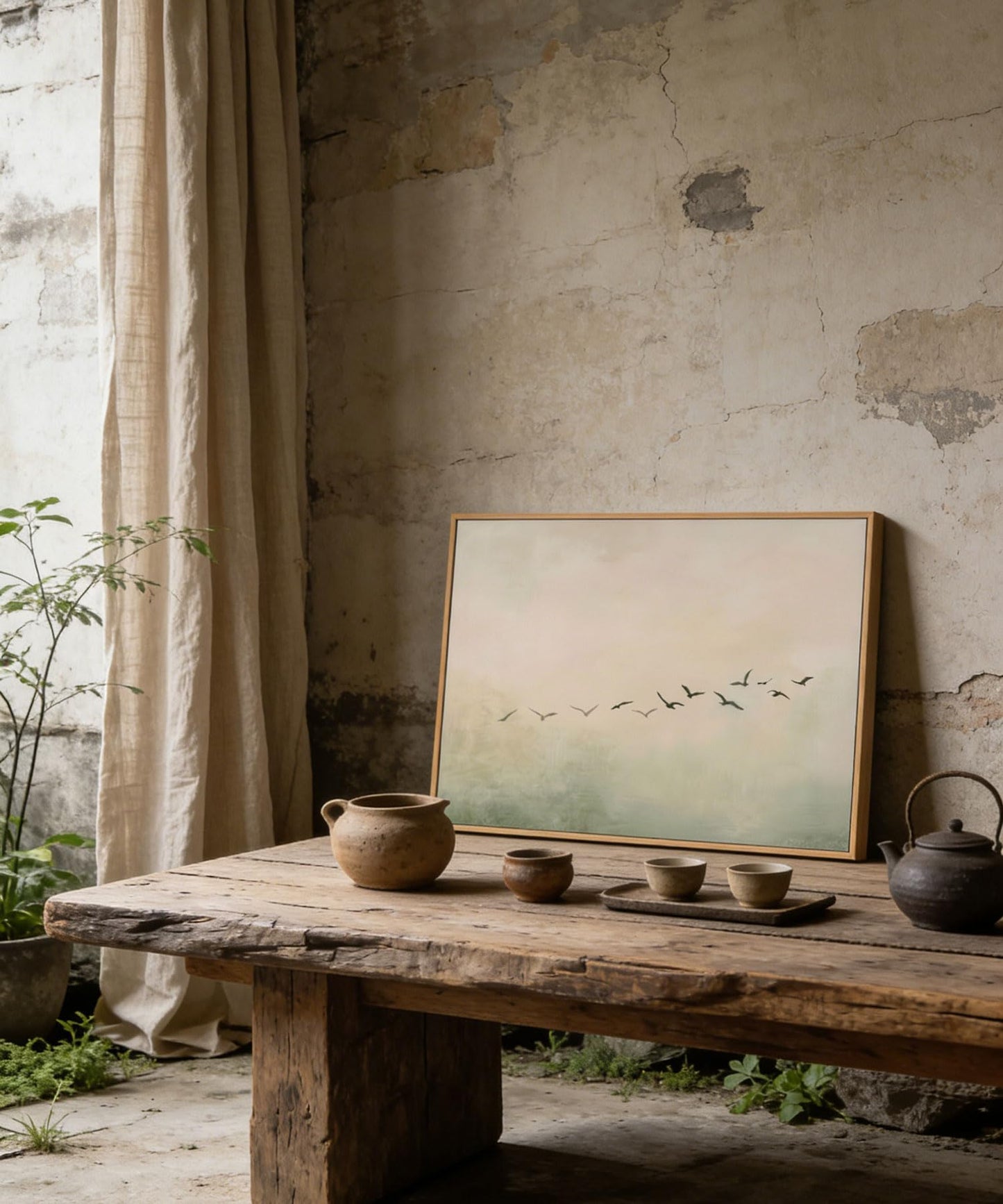 Framed Sage Green Japandi Flying Bird Canvas Wall Art Japanese Wabi Sabi Picture Wall Decor Abstract Nature Birds Poster Prints for Bedroom Living Room Home Decoration 16x24in