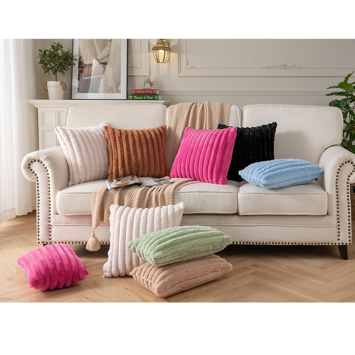 DEELAND Pack of 2,Double-Sided Faux Fur Plush Decorative Throw Pillow Covers Fuzzy Striped Soft Pillowcase Cushion Covers for Sofa Couch Bedroom Beige 18x18 inch