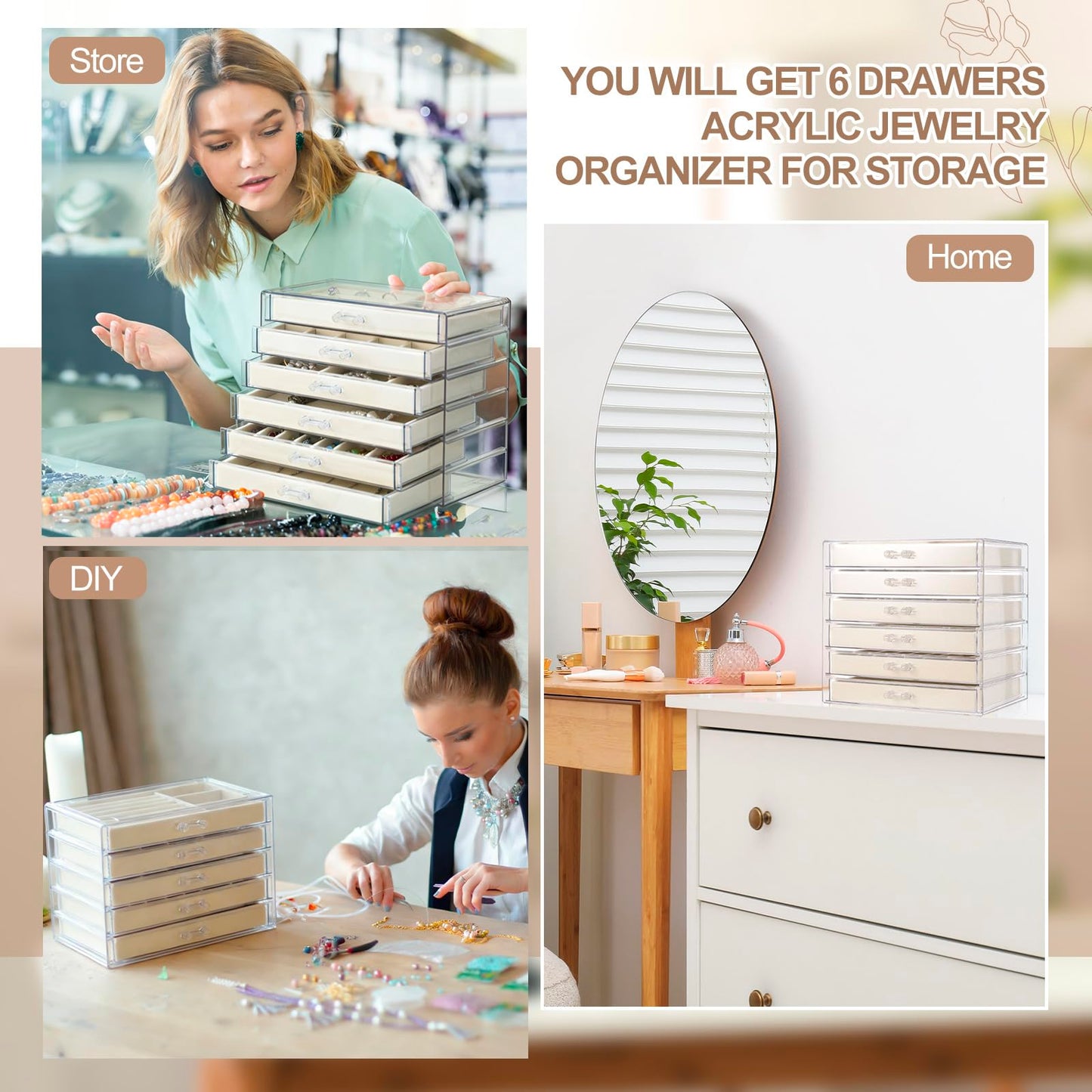 6 Drawer Clear Acrylic Jewelry Organizer with Velvet Lined Trays, Jewelry Box with Drawers for Earrings, Rings, Necklaces, Brooch, Bracelets, Watches, Stackable Storage Organizer for Women, Gift Ready