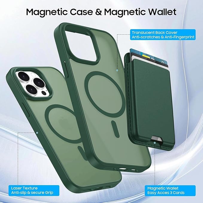 Ntwinro Magnetic for iPhone 14 Pro Max Case (Compatible with MagSafe) with Detachable Wallet & Card Holder for 3 Cards [RFID Blocking] Military Grade Protective Slim Phone Cover, Green