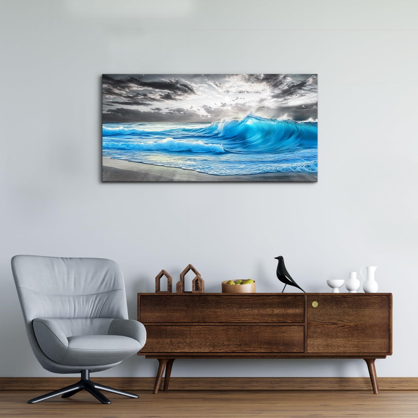 PHAOHUAXM Large Canvas Beach Wall Pictures Wall Decor For Living Room Wall Art For Bedroom Office Decorations Blue Sea Wave Ocean Painting Printing Artworks Modern Restaurant Home Decor 20x40 In