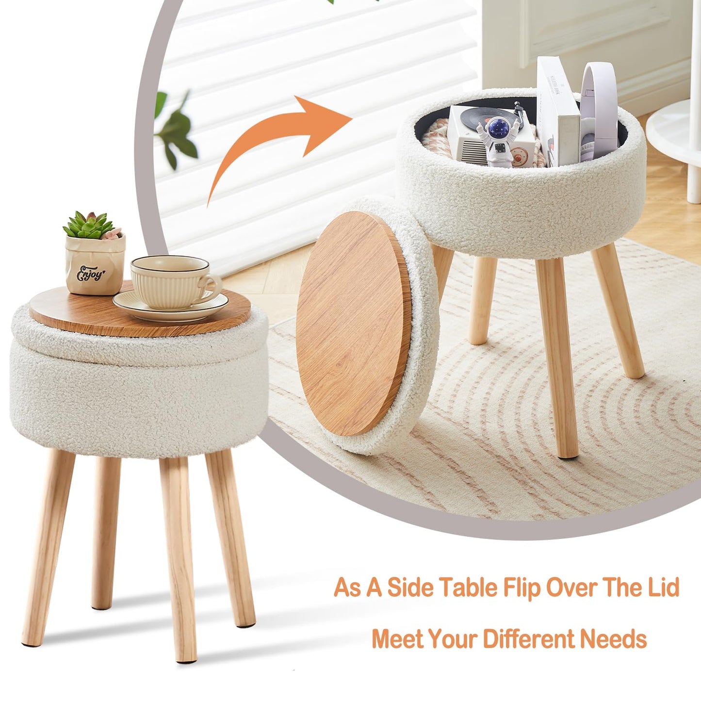 Mxfurhawa Storage Ottoman Foot Stool Teddy Velvet Round Vanity Stool Tray Top Footstool with Wood Legs Upholstered Foot Rest Ottoman for Living Room, Bathroom, Makeup (White)