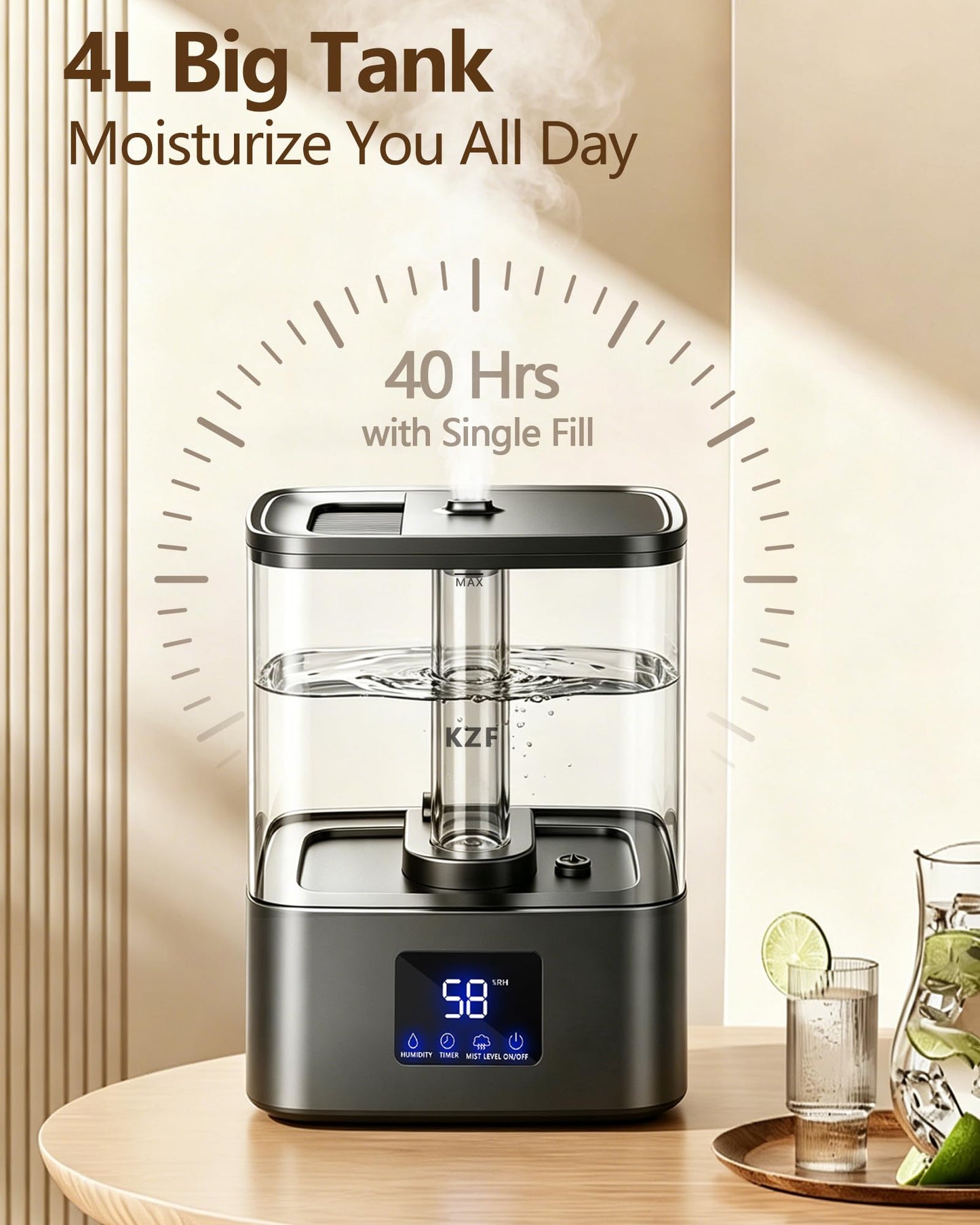KZF 4L Top Fill Humidifiers for Bedroom & 40H Runtime - Cool Mist Humidifier, 3 Mist Levels, 8H Timer, Essential Oil Tray, Humidity Display, Quiet for Baby, Plants, Large Room (Black, 4L)