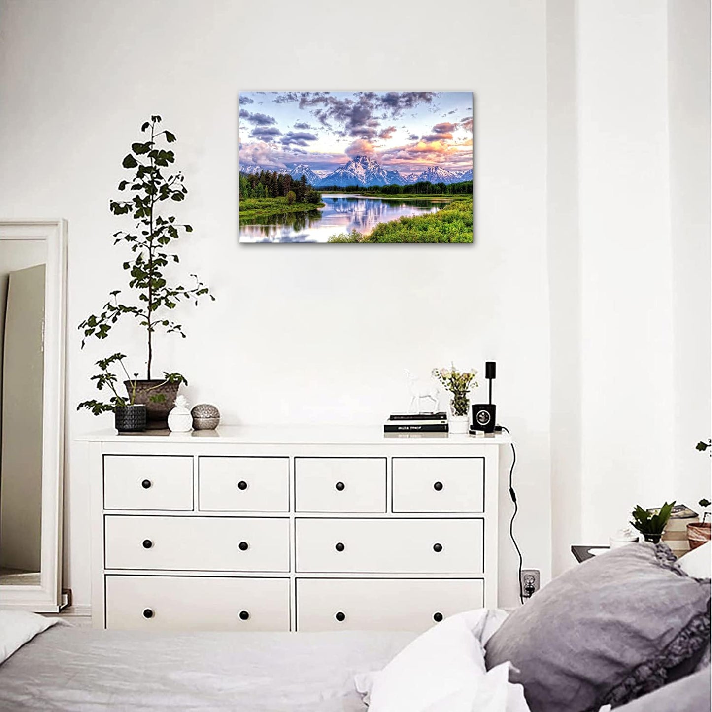 SKASNFAI Grand Teton Wall Art Mountain Art Pictures Wall Decor National Park Canvas Painting Contemporary Landscape Poster Framed for Bedroom Home (12x16 inch)