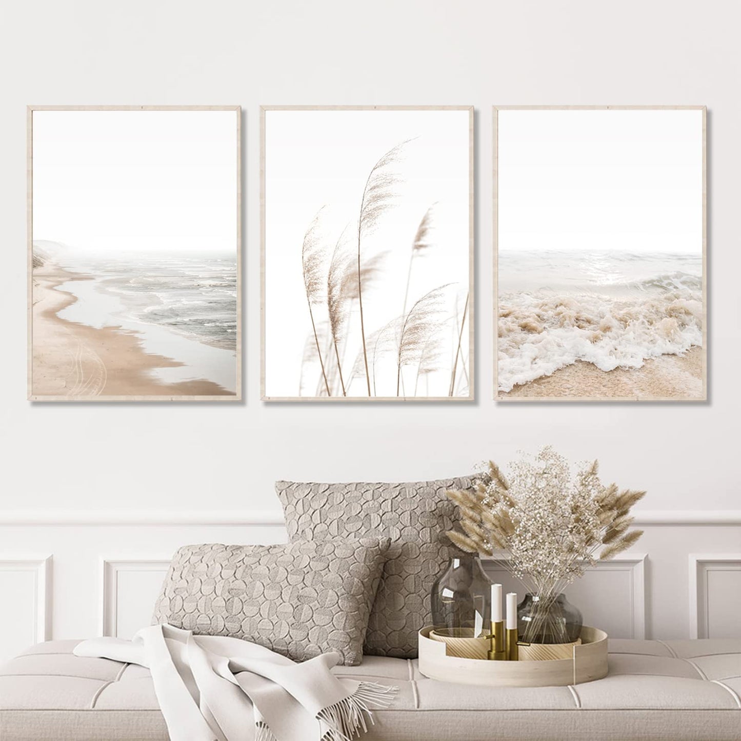 Joocrise Beach Wall Art Boho Prints Coastal Canvas Wall Art Decor Beach Pictures Pampas Grass Ocean Poster Plant Landscape Scene Artwork for Living Room Bedroom 16x24 Inch Unframed Set of 3