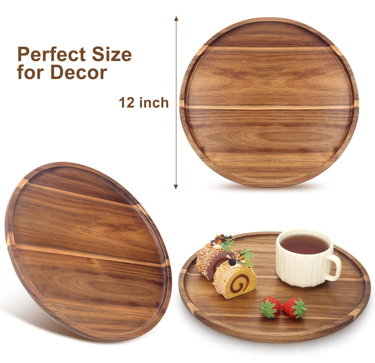 Acacia Round Wood Tray Decorative Serving Trays for Ottoman Coffee Table Candle Holder Tray Kitchen Counter Island Accents Home Decor Circle Circular Wood Centerpiece Trays for Dining Room Table