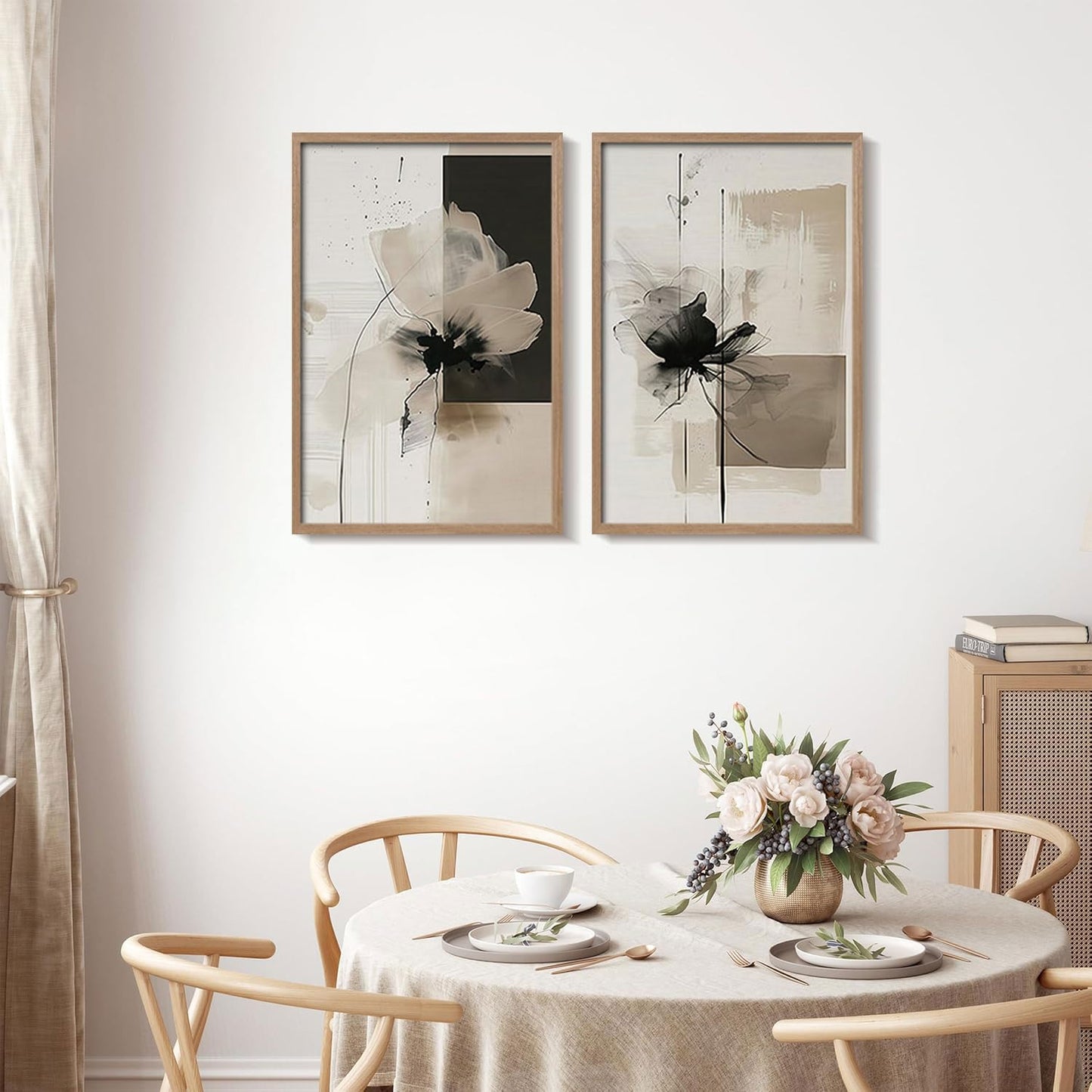 2Pcs Framed Black and White Flower Abstract Wall Art Modern Neutral Canvas Prints Posters Pictures Gallery Wall Decor Living Room Bedroom Office Apartment 16X24 Inch Ready to Hang
