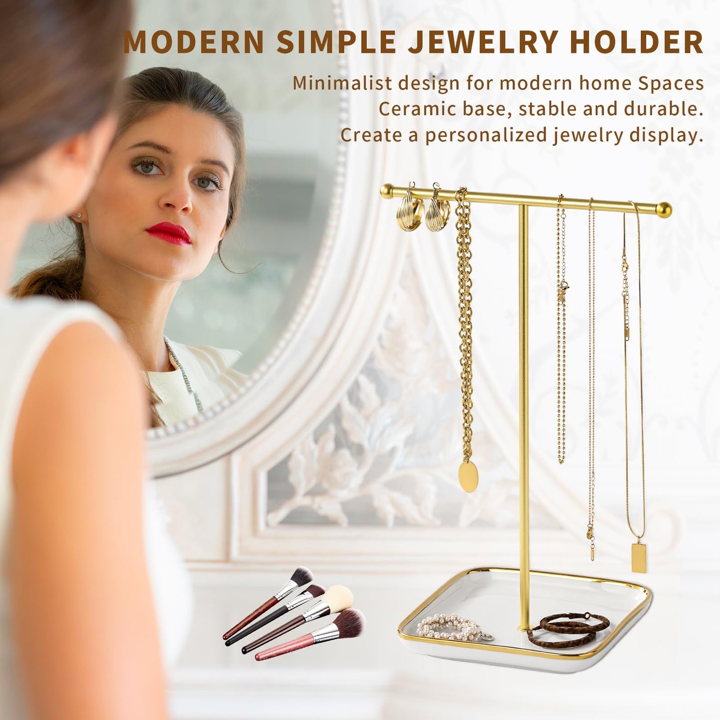 Leijosya modern T-shaped jewelry rack, jewelry tower, gold metal, square ceramic base decoration display tower, necklace, bracelet, ring storage rack (1-layer ceramic disc)