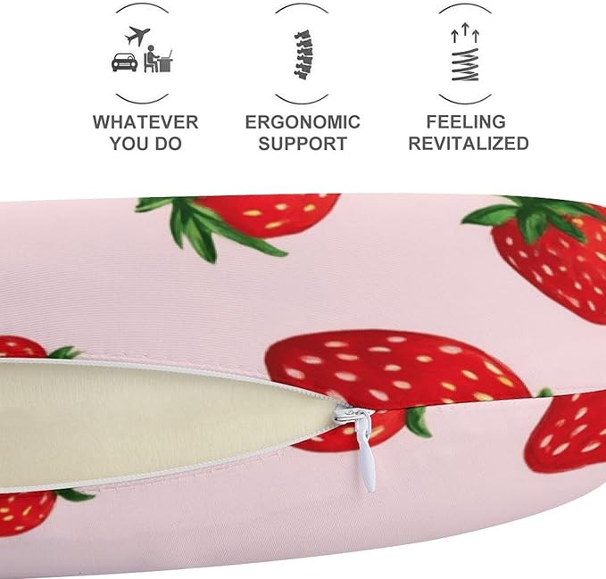 Women’s Travel Pillow U-Shaped Memory Foam Neck Rest, Strawberry Fruit U-Shape, Washable Airplane Car Support