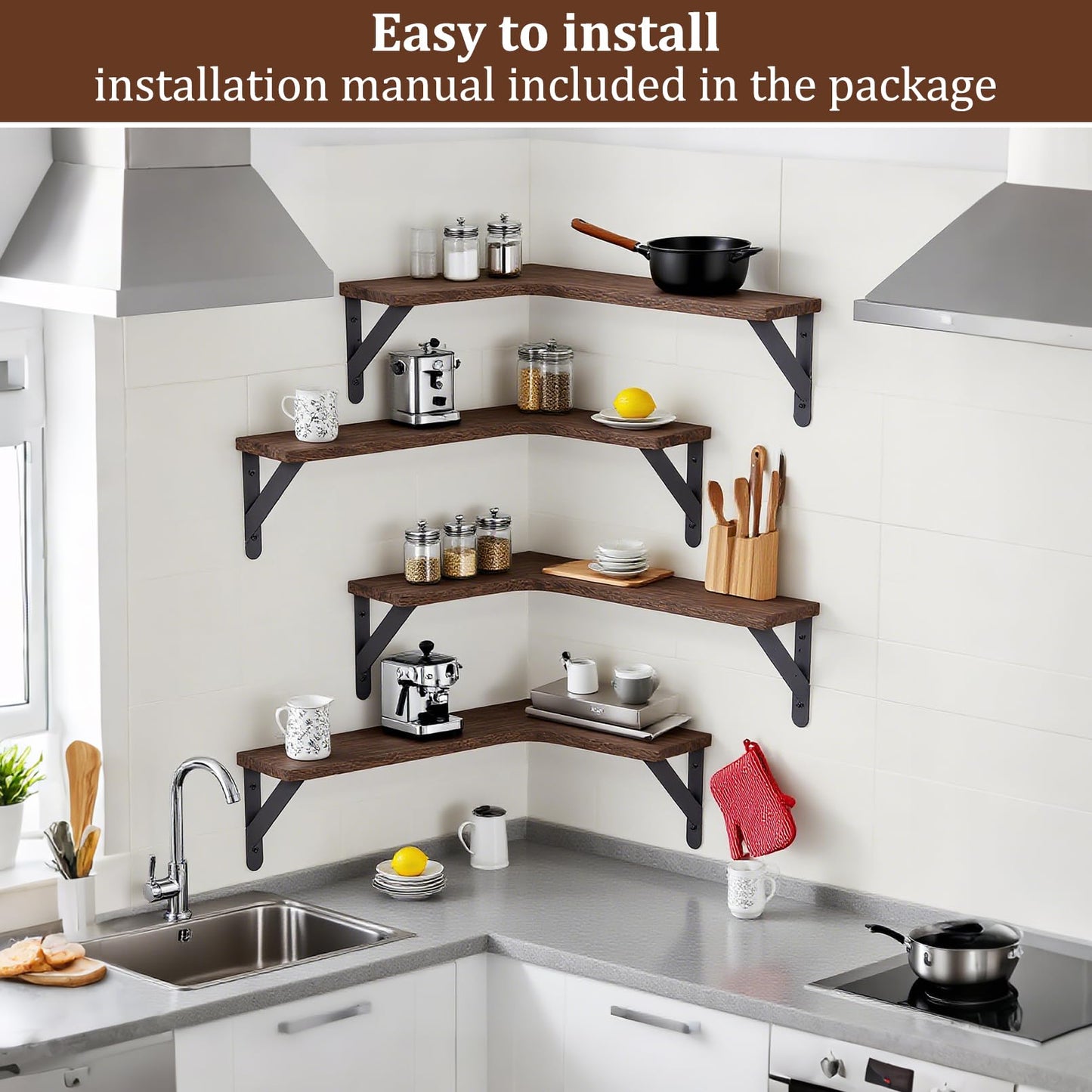 RAIHOMKIT Corner Floating Shelves Set of 5, Rustic Wood Shelves for Home Decor, Wall Mounted Storage Corner Shelf for Bedroom Kitchen Living Room Bathroom Office, Dark Brown