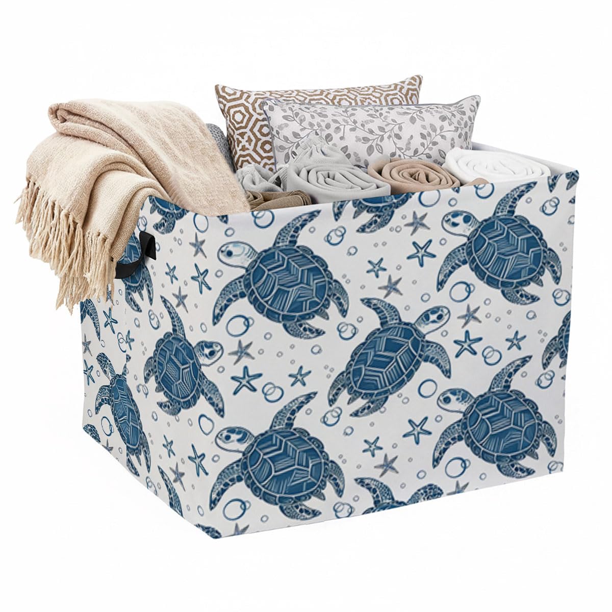 56L Sea Turtle Foldable Square Laundry Hamper with Handles – Large Clothes, Blanket & Toy Storage Basket for Home Organization.