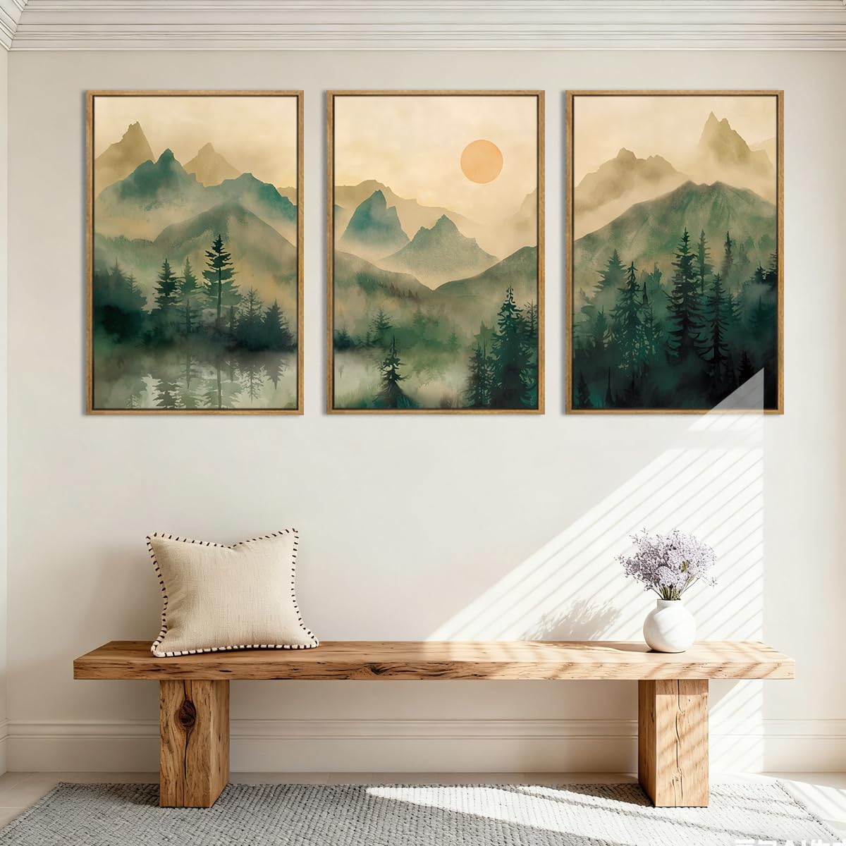 IARTTOP Large Mountain Framed Canvas Wall Art 16x24 Inch Green Foggy Forest Landscape Art Prints Set of 3 Nature woodland Landscape Wall Decor for Living Room Bedroom Office