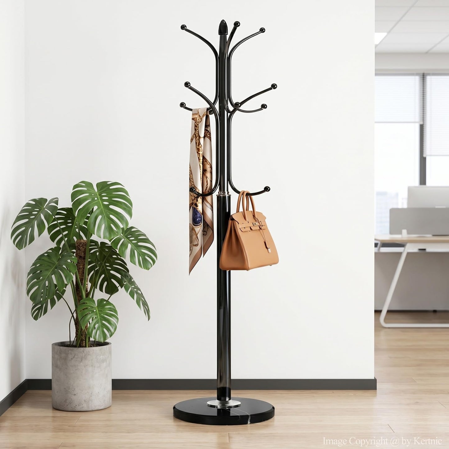 Kertnic Freestanding Coat Rack Stand, Heavy Duty Metal Hall Tree with 12 Hooks, 70 Inch Tall Stable Coat Hanger with 14.6" Natural Marble Base, Entryway Organizer for Coats Bags Hats Purses (Black)