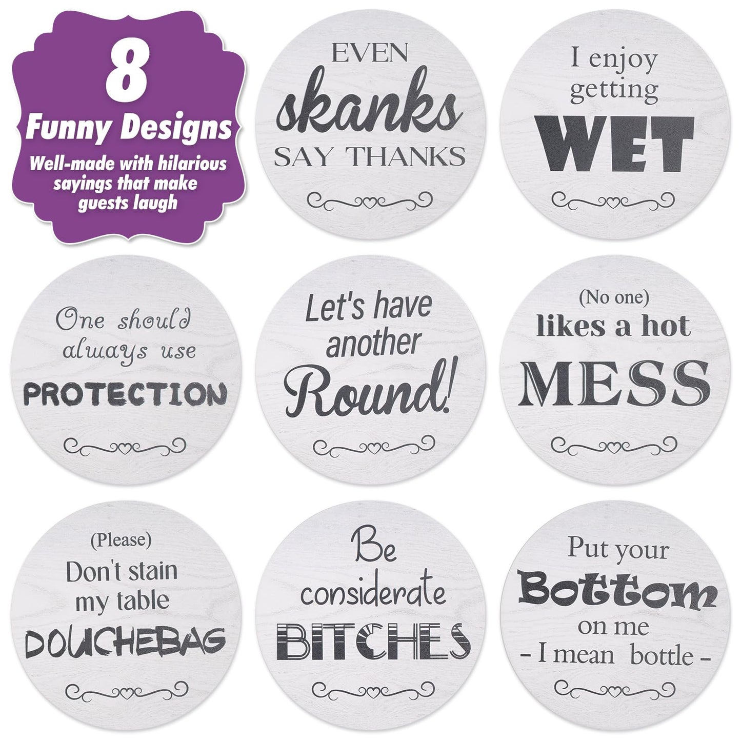 Billbotk Funny Coasters Set of 8, Ceramic Absorbent Coasters for Drink, White Elephant Gifts for Adults, 4 Inches