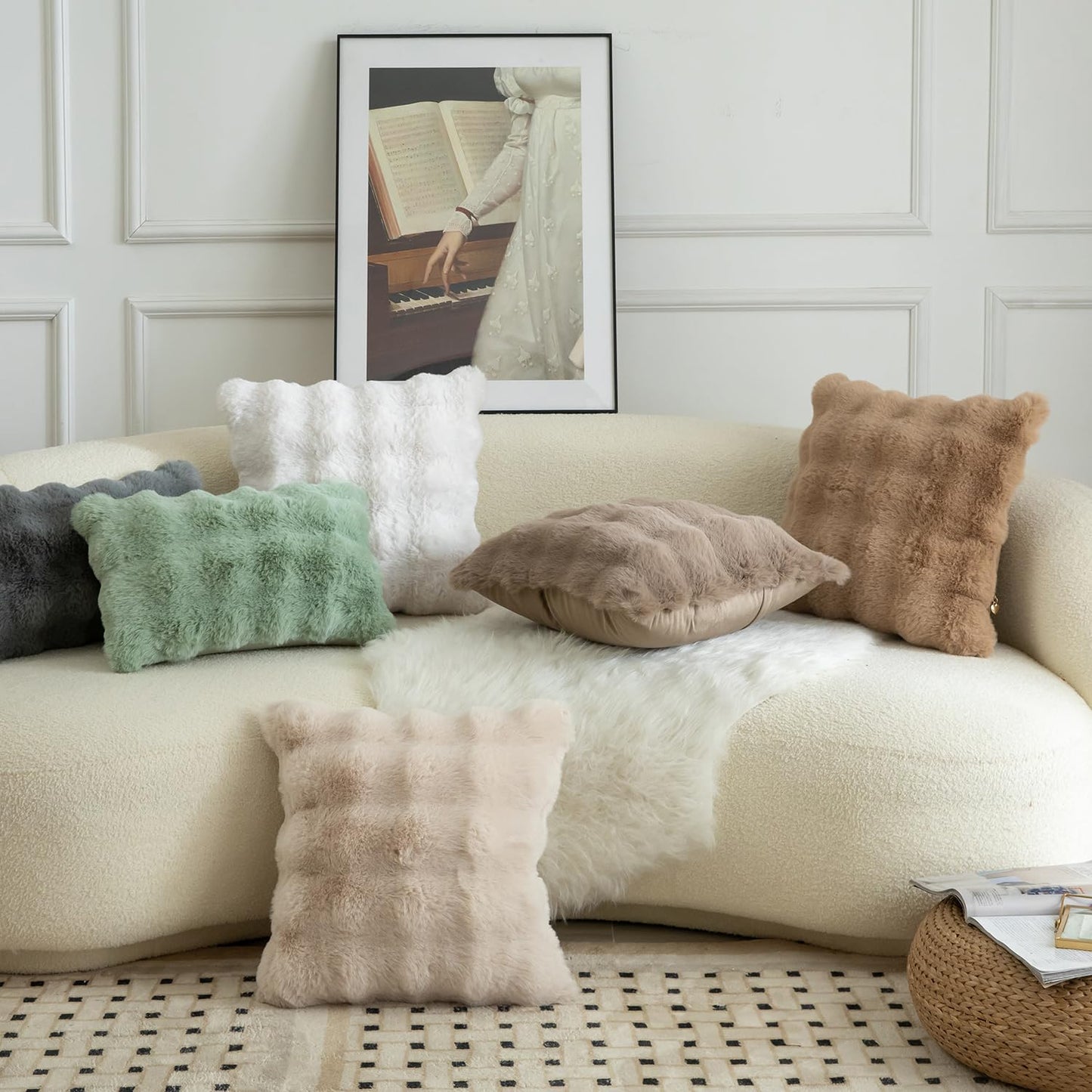 MANDIOO Pack of 2 Thick Plush Wool Decorative Throw Pillow Covers Super Soft Wave Bubble Fur Velvet Cushion Covers Pillow Shams for Couch Bed Living Room 16x16 Inch Camel