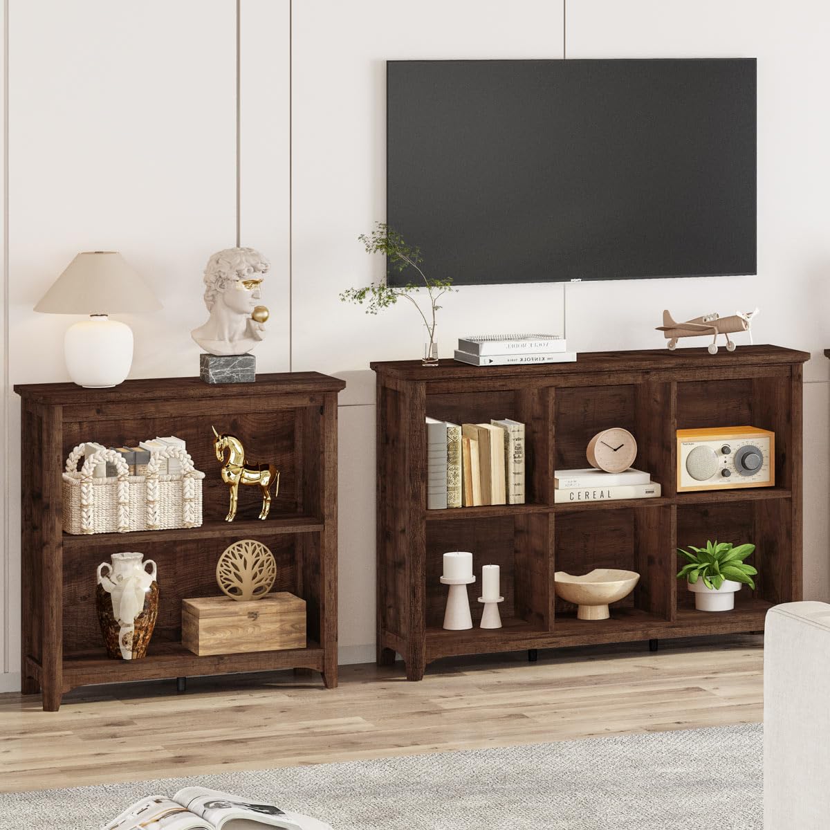 BON AUGURE 6 Cube Storage Bookcase, Horizontal Wooden Bookshelf with Curved Edge, 3 Tier Cubby Organizer Book Shelf for Living Room, Bedroom, Home Office (Rustic Oak, 43 Inch)