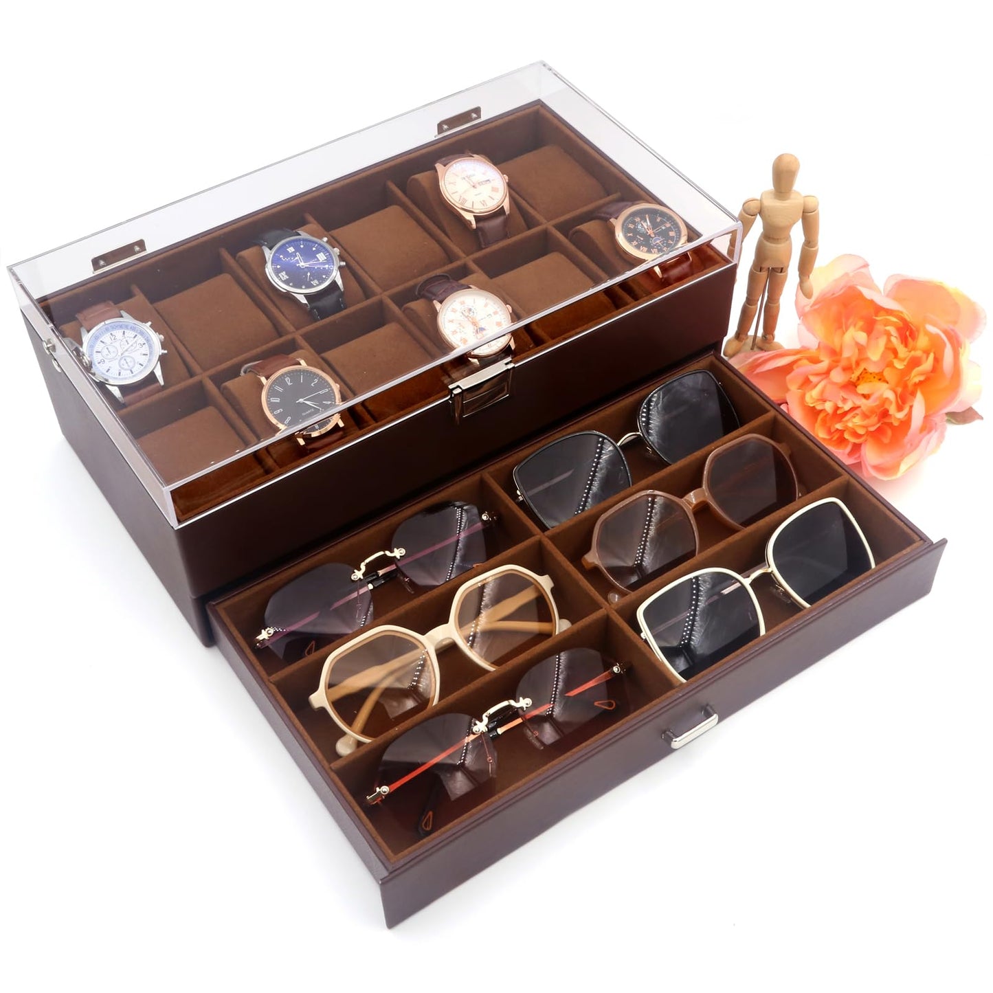 KLOUD City 12-Slot Watch Box with Lockable Drawer Acrylic Display Lid | Velvet Organizer for Luxury Watches, Jewelry & Eyewear (brown-W3002)