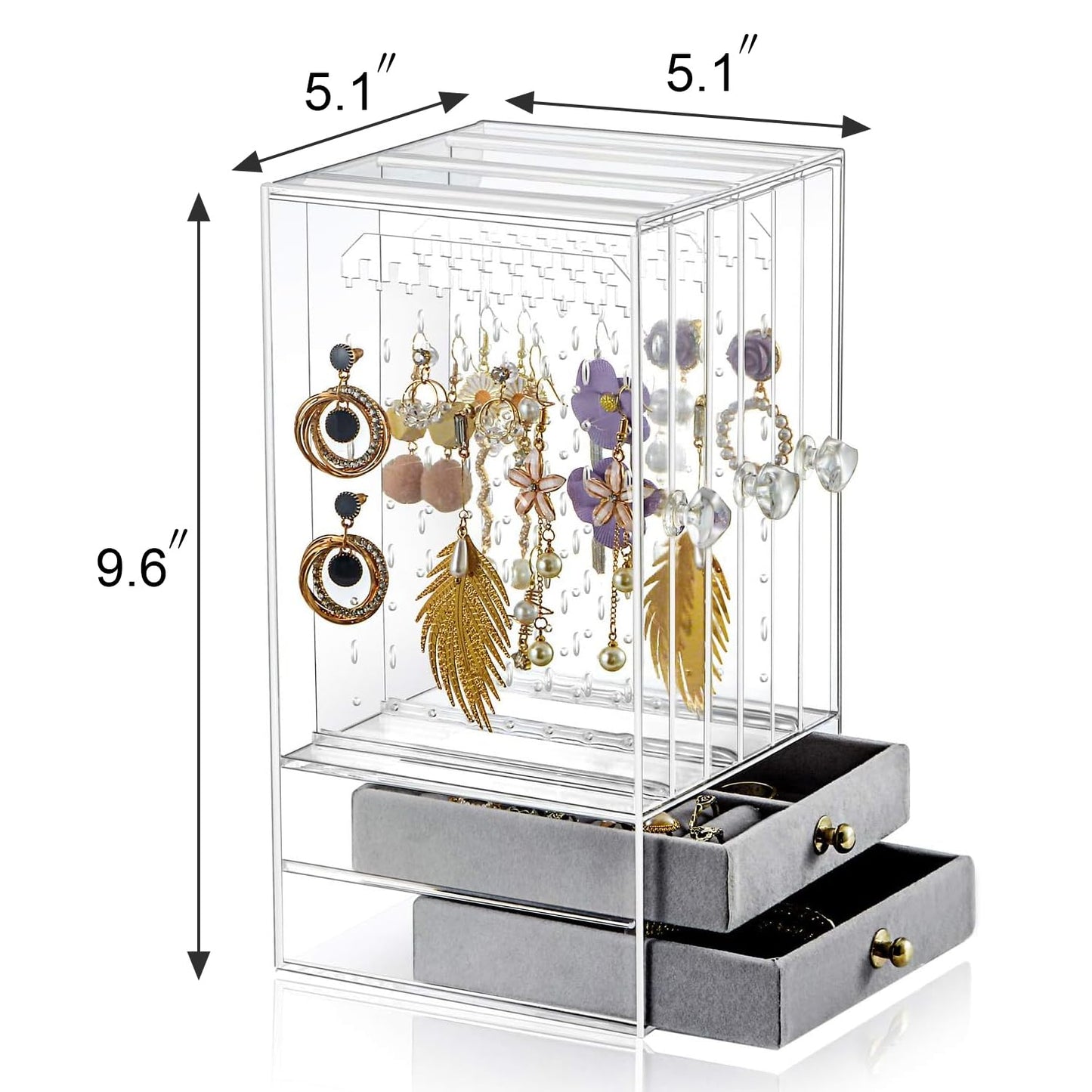 Sooyee Acrylic Earring Holder and Jewelry Organizer with 5 Drawers, Dustproof Jewelry Stand Rack Display for Necklaces Bracelet Earrings and Ring, Clear