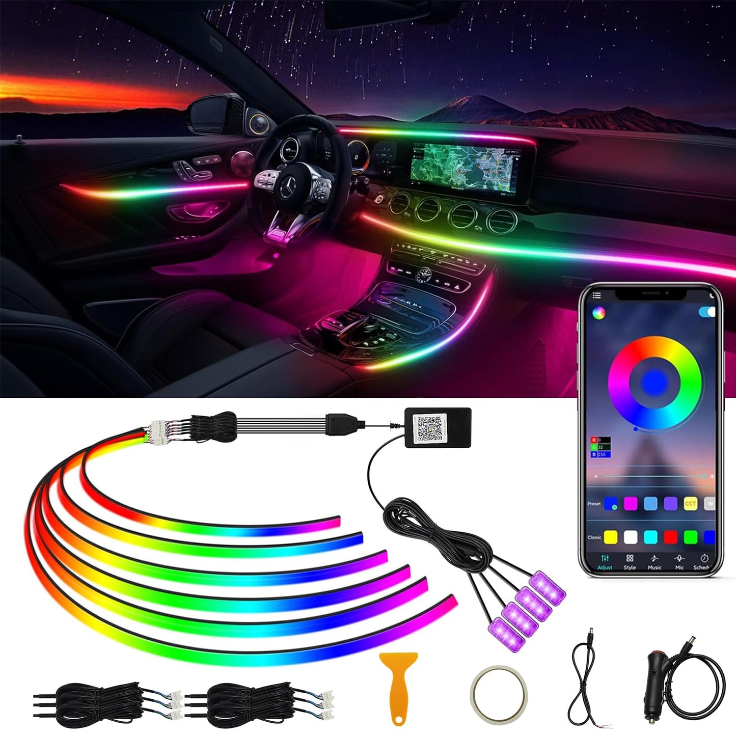 Acrylic Interior Car LED Strip Light RGB Dreamcolor 10 in1 with Wireless APP, 175 inches 593 LED 16 Million Color Fiber Optic Automotive Ambient Light Kits Music Sync Sound Activated Car Neon Lights